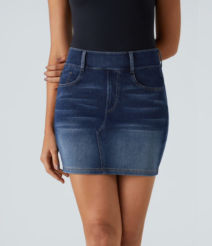 High Waisted Multiple Pockets Bodycon Mini Washed Stretchy Knit Denim Casual Skirt — Bright Blue Denim — view 1