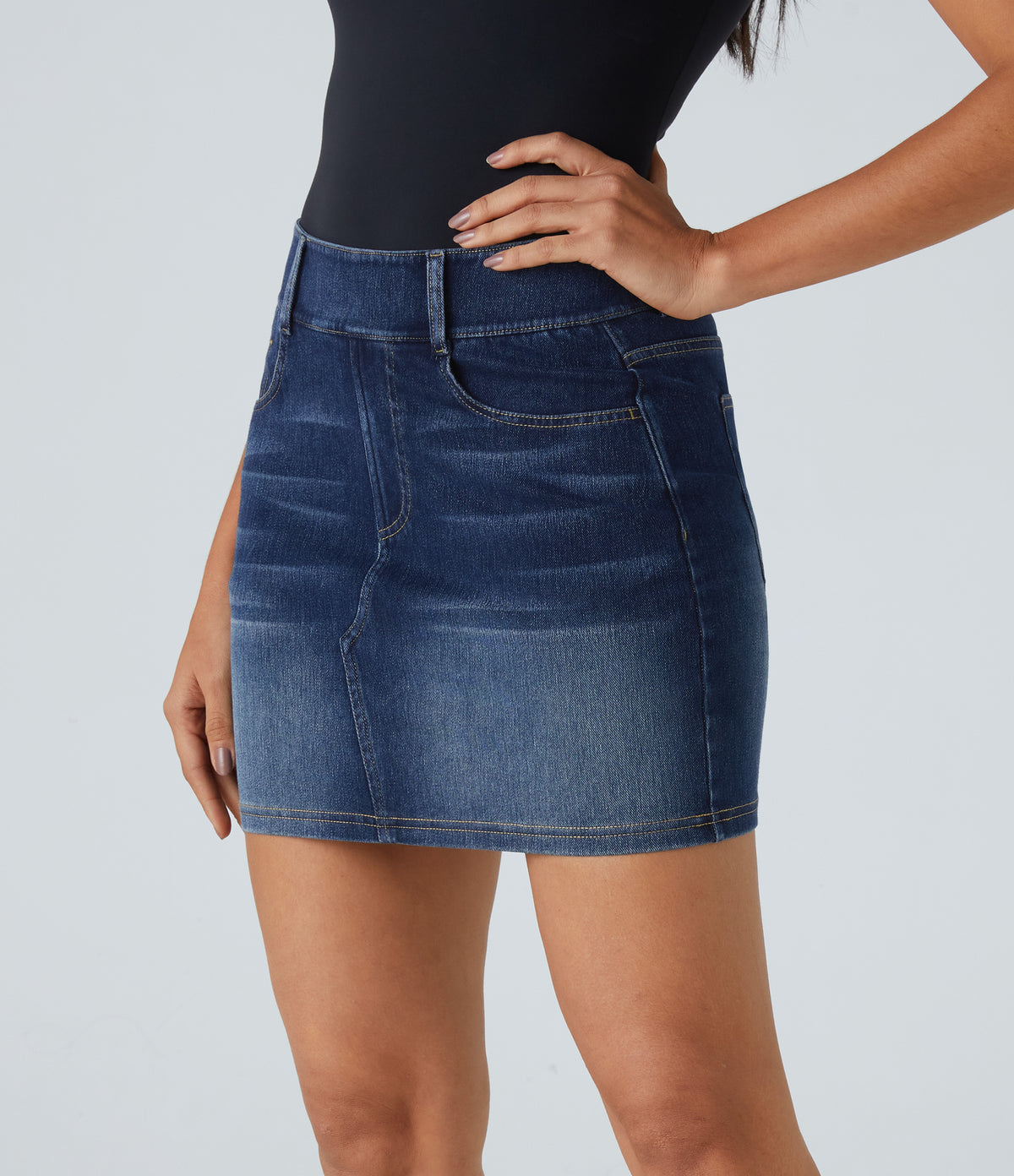 High Waisted Multiple Pockets Bodycon Mini Washed Stretchy Knit Denim Casual Skirt — Bright Blue Denim — view 3