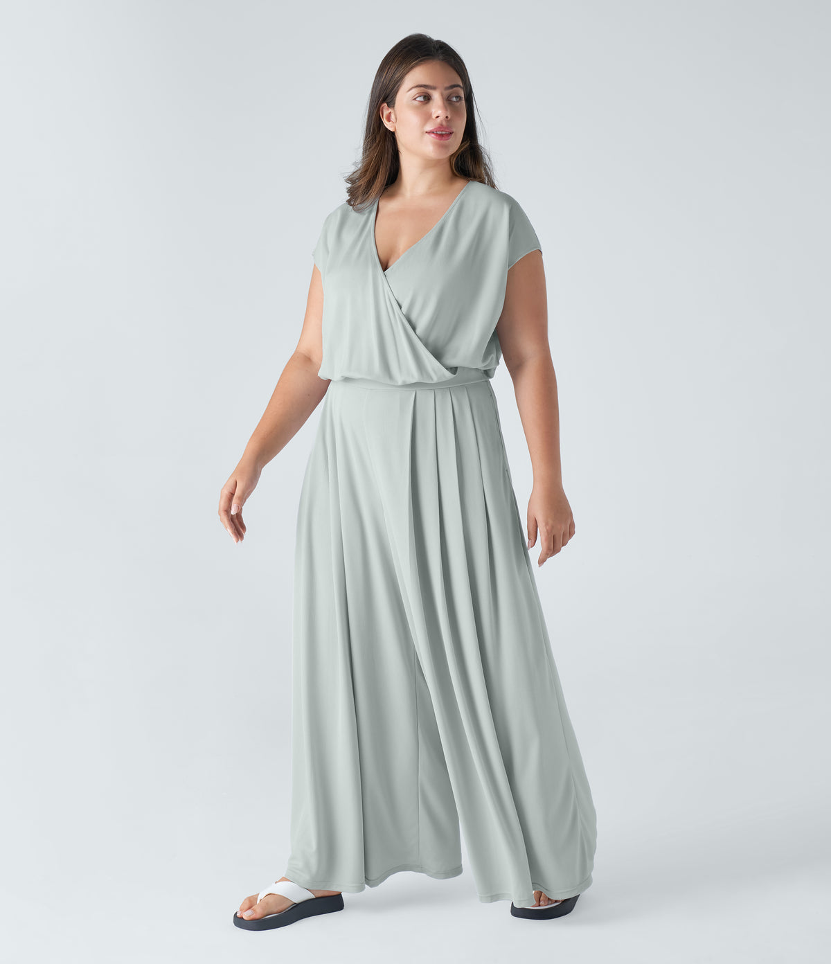 V Neck Short Sleeve Side Pocket Wide Leg Flowy Waffle Casual Plus Size Jumpsuit — Frost Clear Haze — view 3