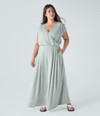 V Neck Short Sleeve Side Pocket Wide Leg Flowy Waffle Casual Plus Size Jumpsuit — Frost Clear Haze — view 1