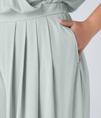 V Neck Short Sleeve Side Pocket Wide Leg Flowy Waffle Casual Plus Size Jumpsuit — Frost Clear Haze — view 5