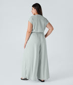 V Neck Short Sleeve Side Pocket Wide Leg Flowy Waffle Casual Plus Size Jumpsuit — Frost Clear Haze — view 2