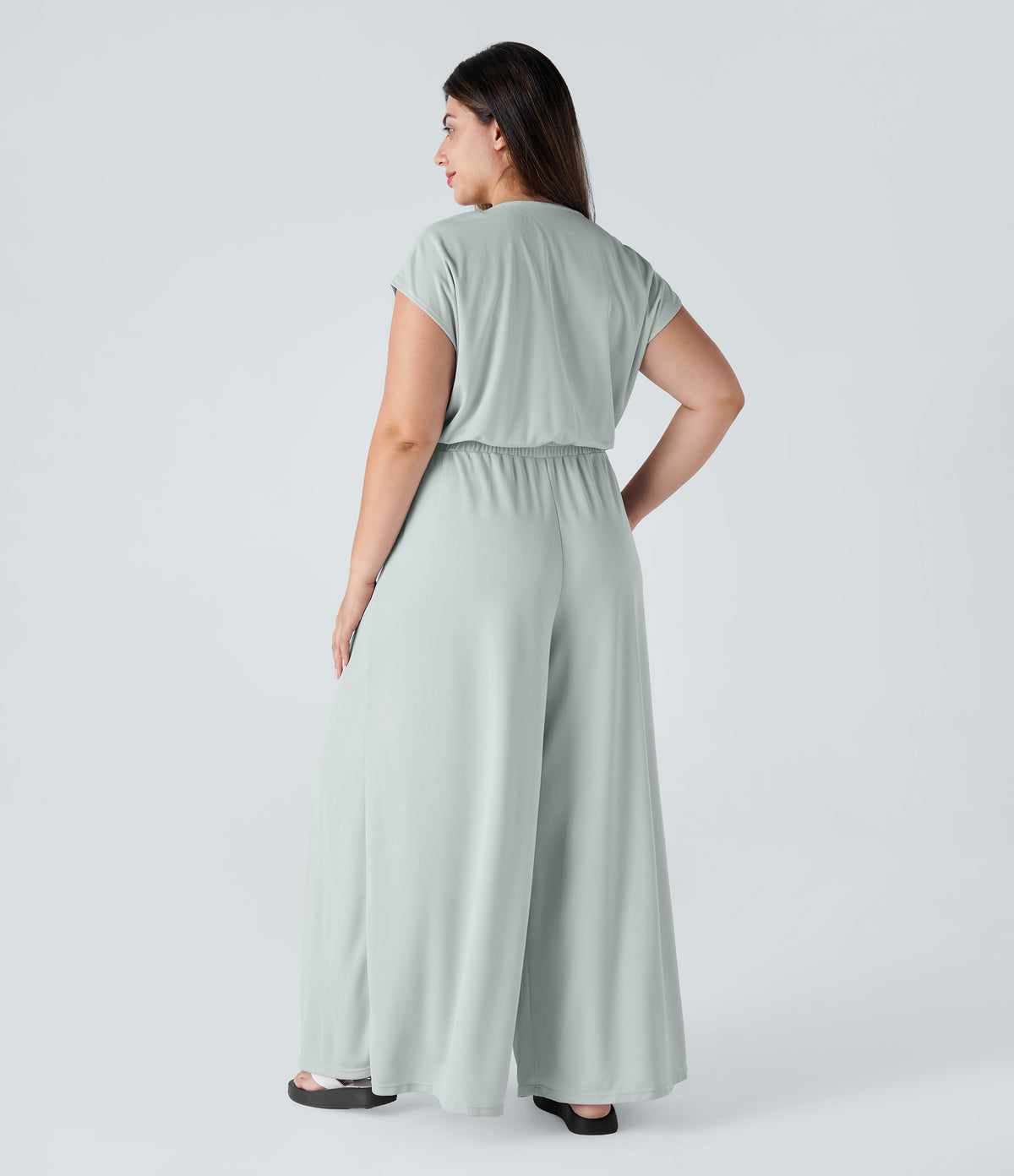 V Neck Short Sleeve Side Pocket Wide Leg Flowy Waffle Casual Plus Size Jumpsuit — Frost Clear Haze — view 2