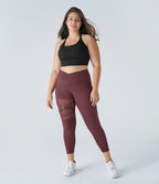 High Waisted Crossover Contrast Mesh Decorative Buckle Yoga Plus Size Leggings — Red Mahogany — view 6