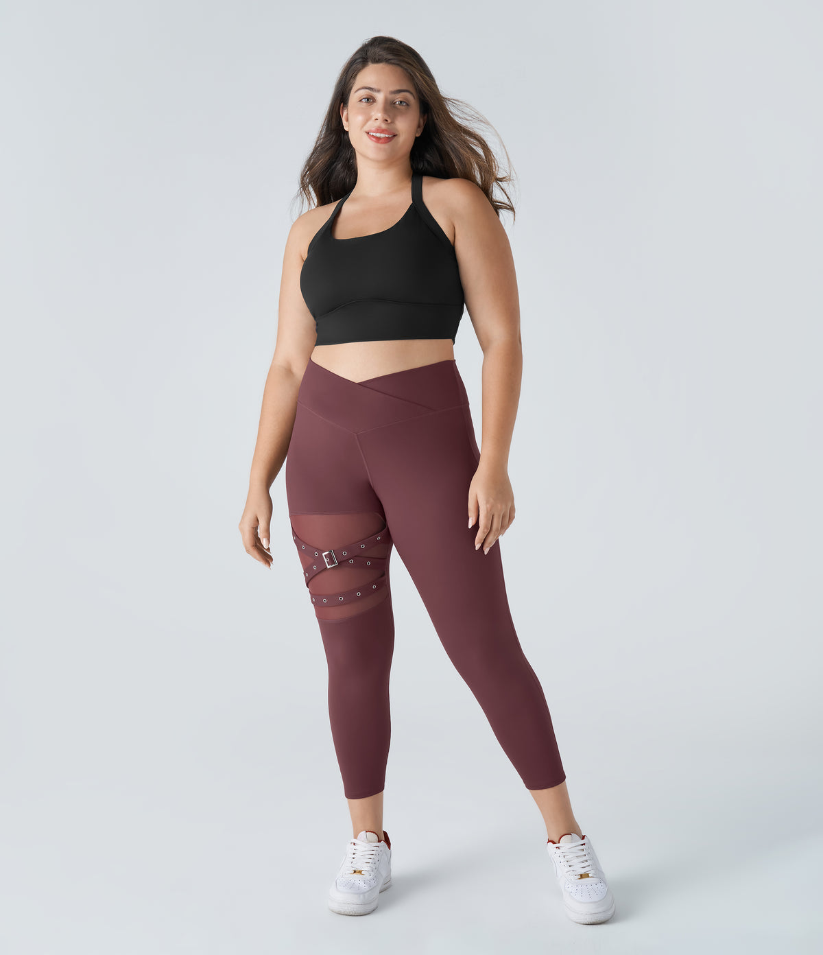 High Waisted Crossover Contrast Mesh Decorative Buckle Yoga Plus Size Leggings — Red Mahogany — view 6