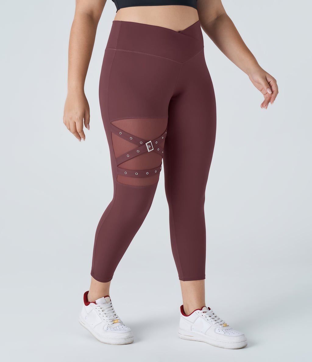 High Waisted Crossover Contrast Mesh Decorative Buckle Yoga Plus Size Leggings — Red Mahogany — view 3