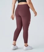 High Waisted Crossover Contrast Mesh Decorative Buckle Yoga Plus Size Leggings — Red Mahogany — view 2