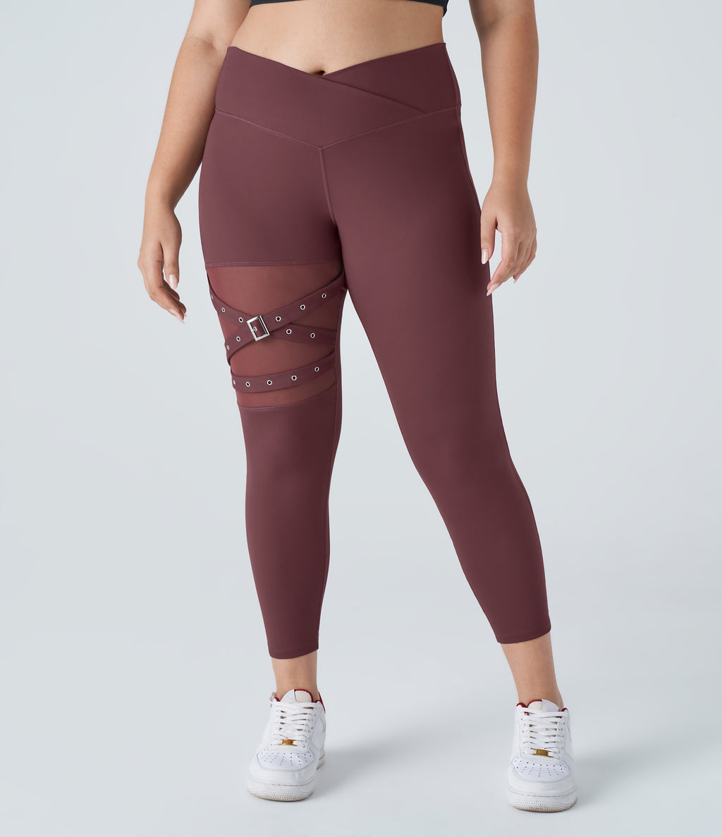 High Waisted Crossover Contrast Mesh Decorative Buckle Yoga Plus Size Leggings — Red Mahogany — view 1