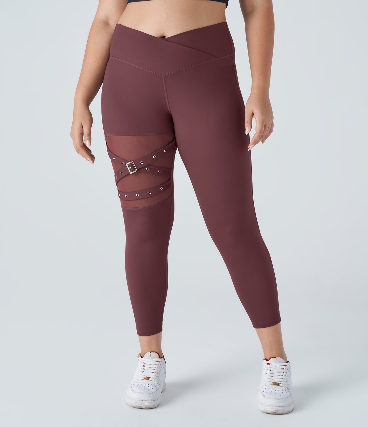High Waisted Crossover Contrast Mesh Decorative Buckle Yoga Plus Size Leggings — Red Mahogany — view 1