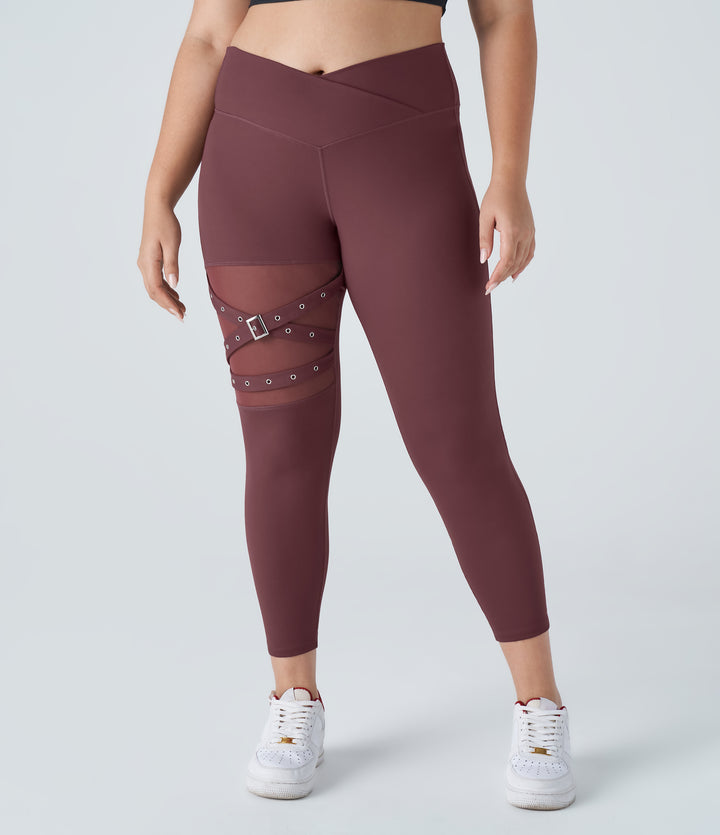 High Waisted Crossover Contrast Mesh Decorative Buckle Yoga Plus Size Leggings — Red Mahogany — view 1