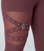 High Waisted Crossover Contrast Mesh Decorative Buckle Yoga Plus Size Leggings — Red Mahogany — view 5