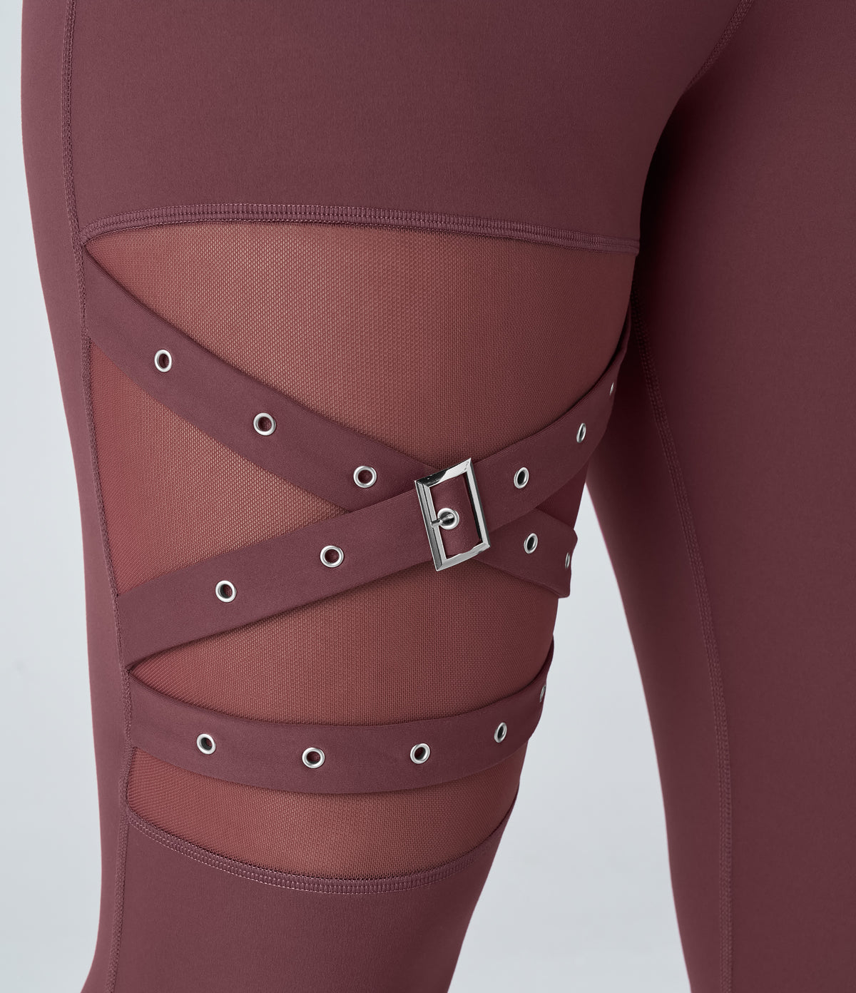 High Waisted Crossover Contrast Mesh Decorative Buckle Yoga Plus Size Leggings — Red Mahogany — view 5