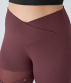 High Waisted Crossover Contrast Mesh Decorative Buckle Yoga Plus Size Leggings — Red Mahogany — view 4