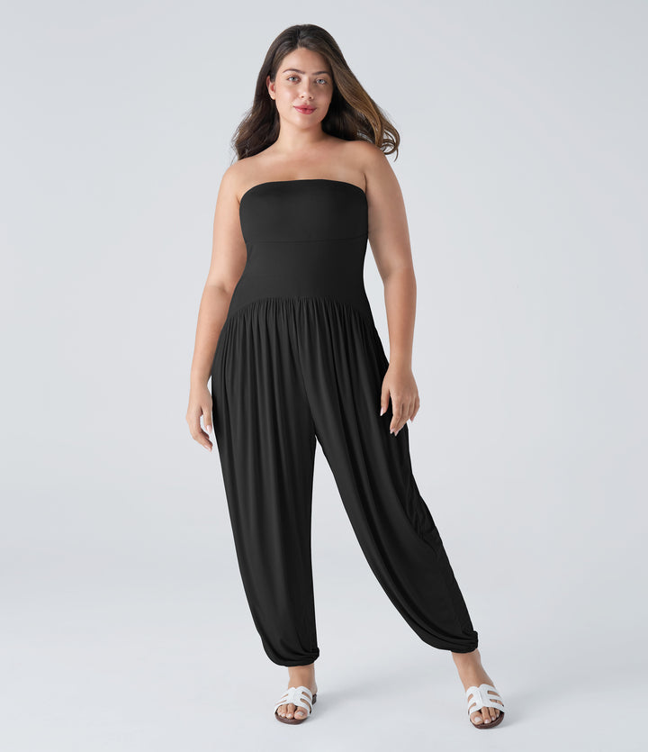 Ribbed Tube Backless Side Pocket Casual Plus Size Jumpsuit — Black — view 1