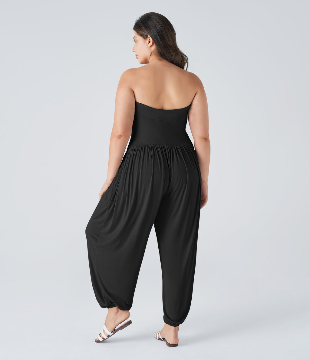 Ribbed Tube Backless Side Pocket Casual Plus Size Jumpsuit — Black — view 2
