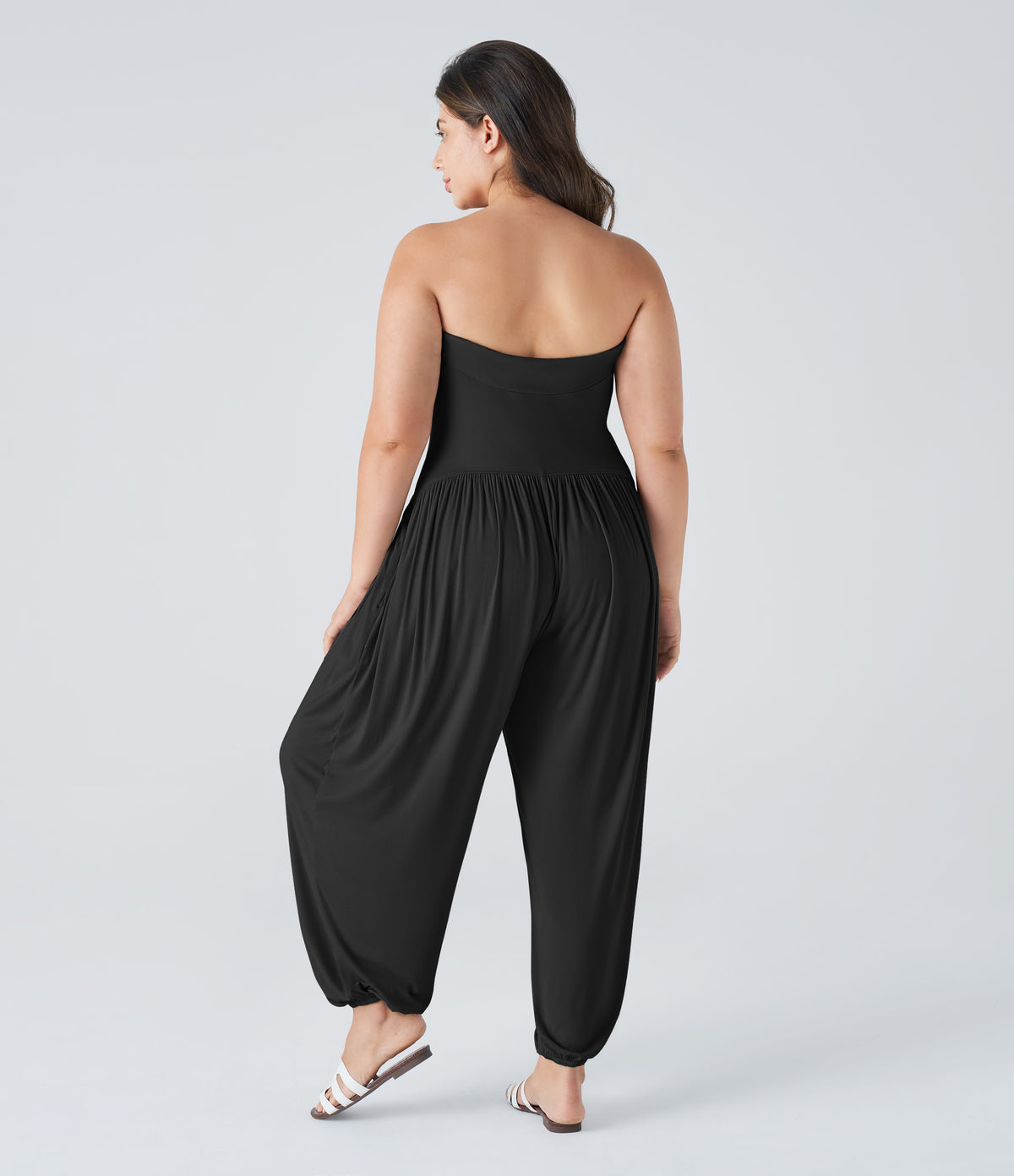 Ribbed Tube Backless Side Pocket Casual Plus Size Jumpsuit — Black — view 2
