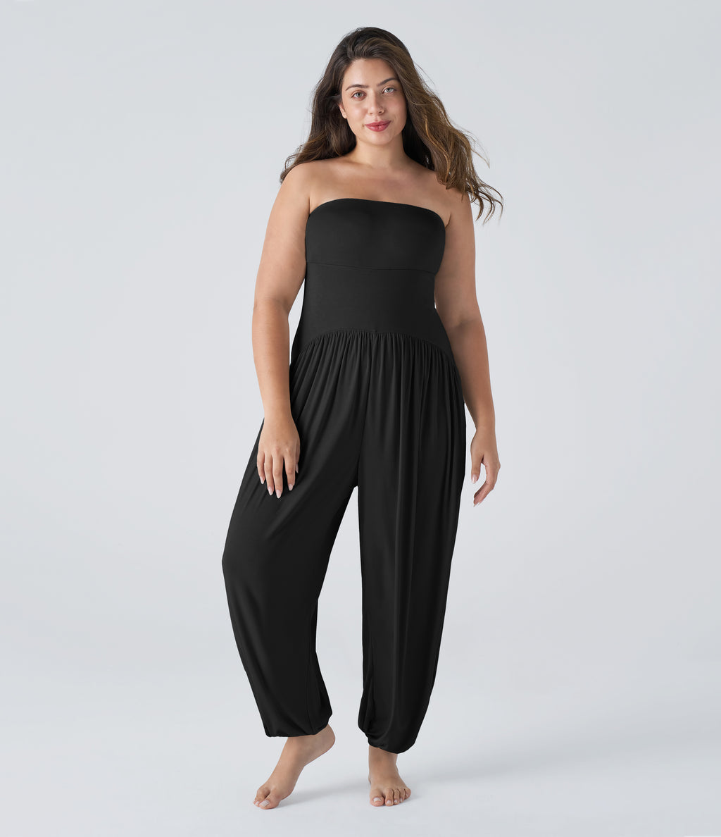 Ribbed Tube Backless Side Pocket Casual Plus Size Jumpsuit — Black — view 6