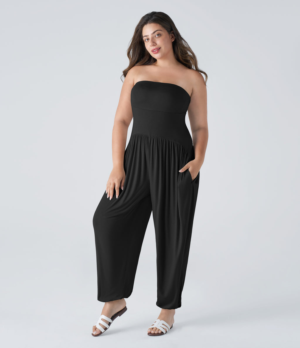Ribbed Tube Backless Side Pocket Casual Plus Size Jumpsuit — Black — view 3
