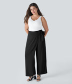 High Waisted Tie Side Invisible Zipper Wide Leg Work Plus Size Trousers — Black — view 7