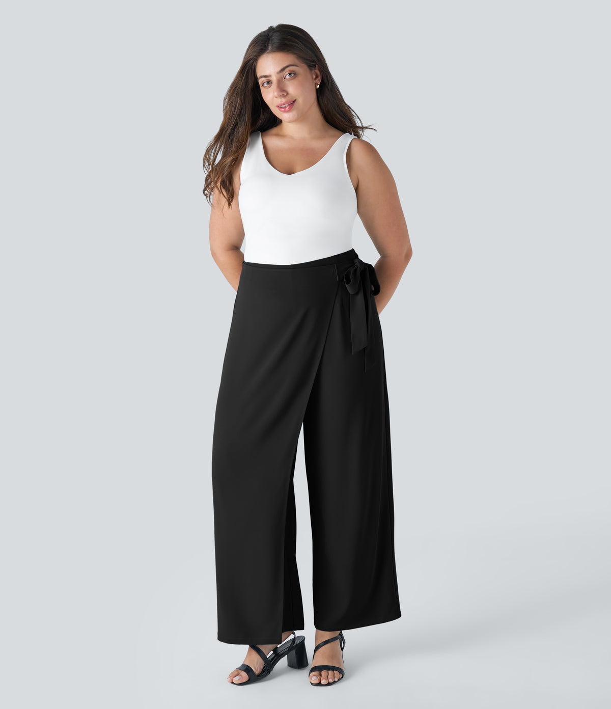 High Waisted Tie Side Invisible Zipper Wide Leg Work Plus Size Trousers — Black — view 7