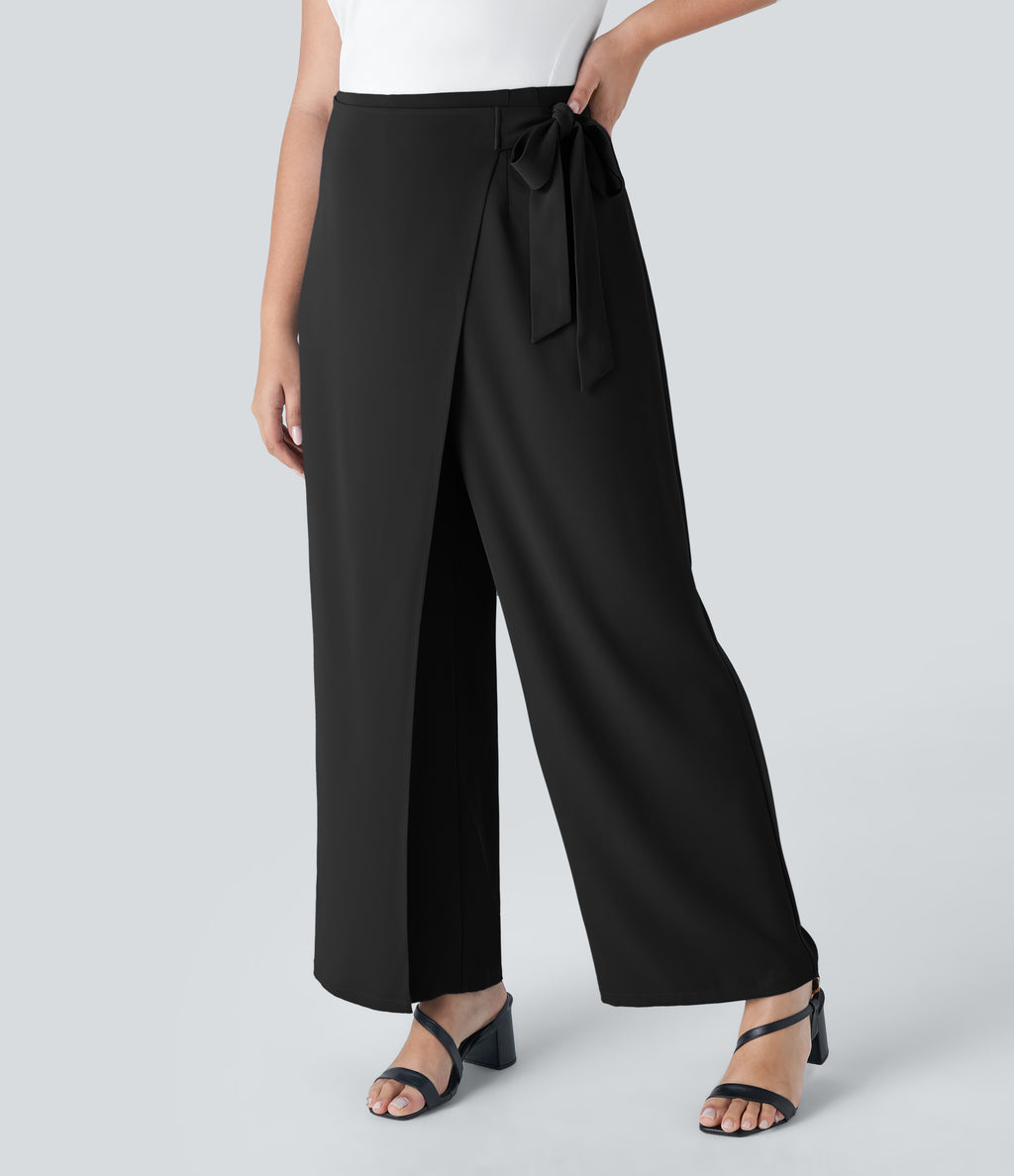 High Waisted Tie Side Invisible Zipper Wide Leg Work Plus Size Trousers — Black — view 3