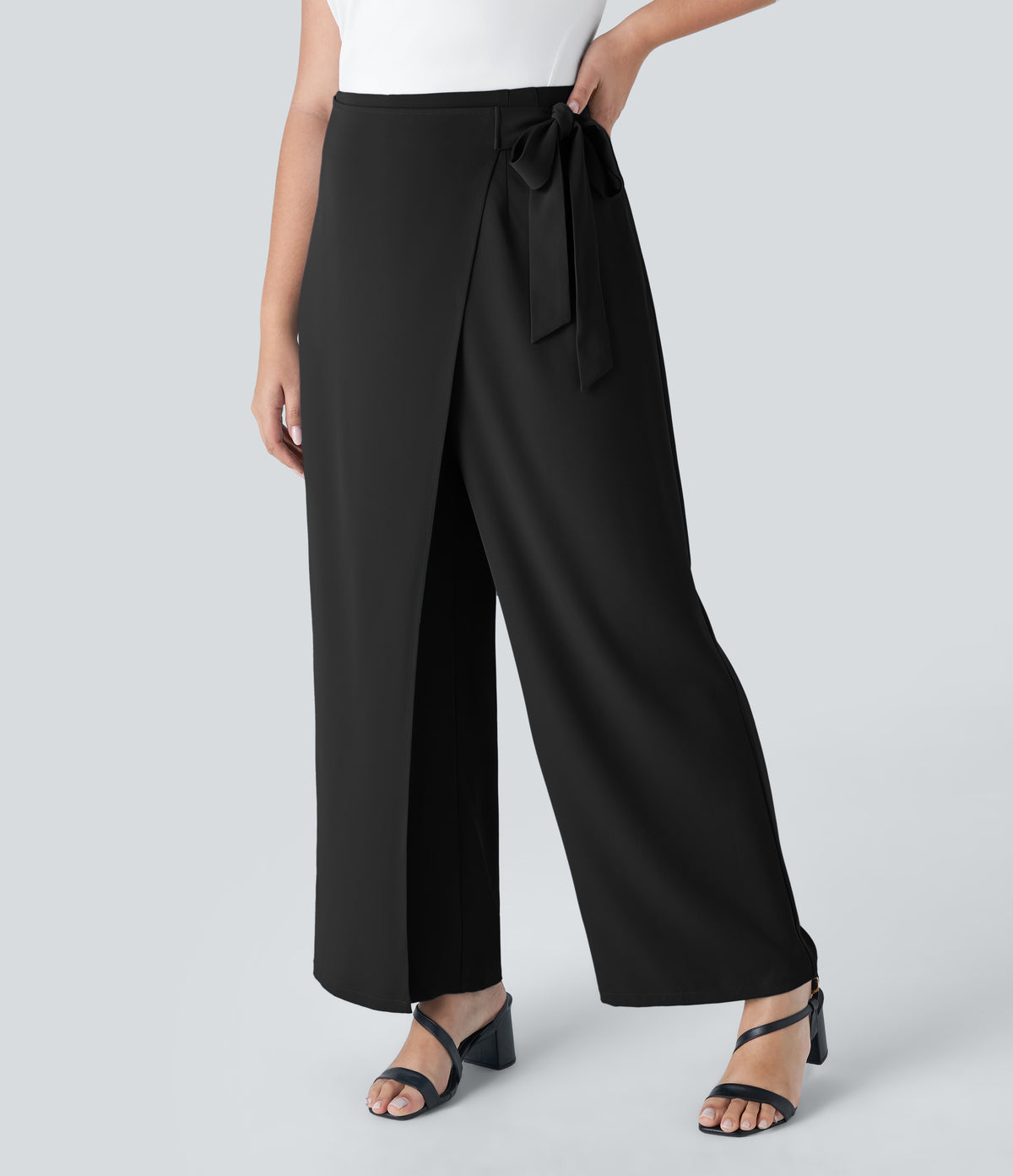 High Waisted Tie Side Invisible Zipper Wide Leg Work Plus Size Trousers — Black — view 3