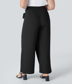 High Waisted Tie Side Invisible Zipper Wide Leg Work Plus Size Trousers — Black — view 2