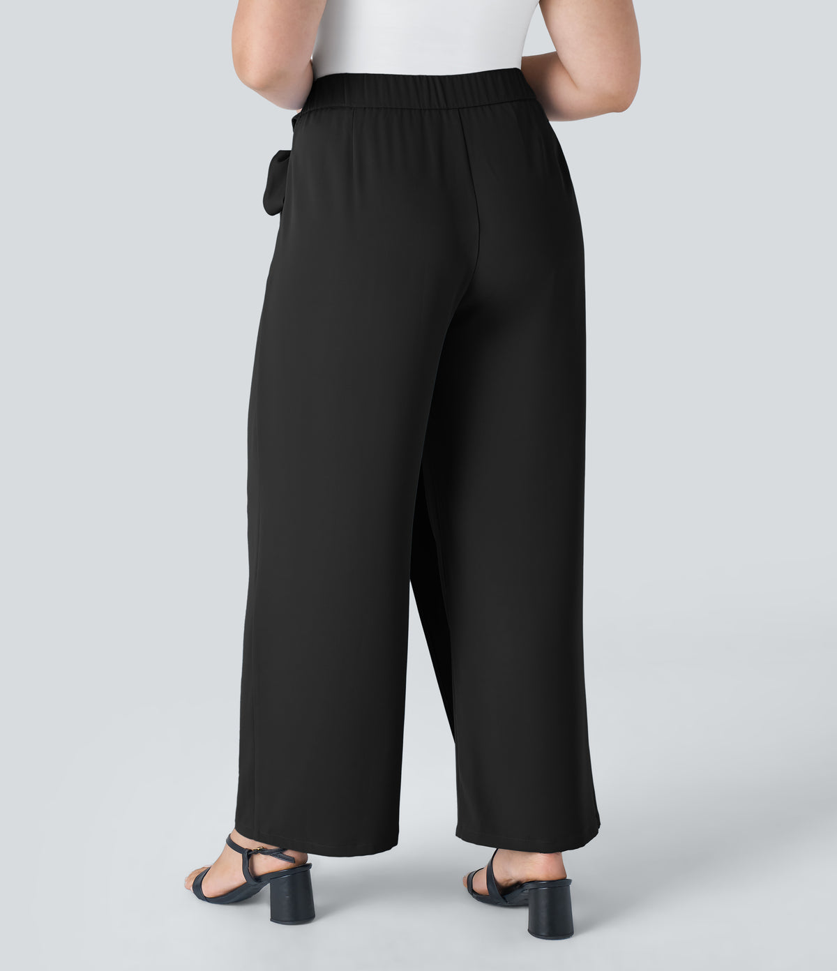 High Waisted Tie Side Invisible Zipper Wide Leg Work Plus Size Trousers — Black — view 2