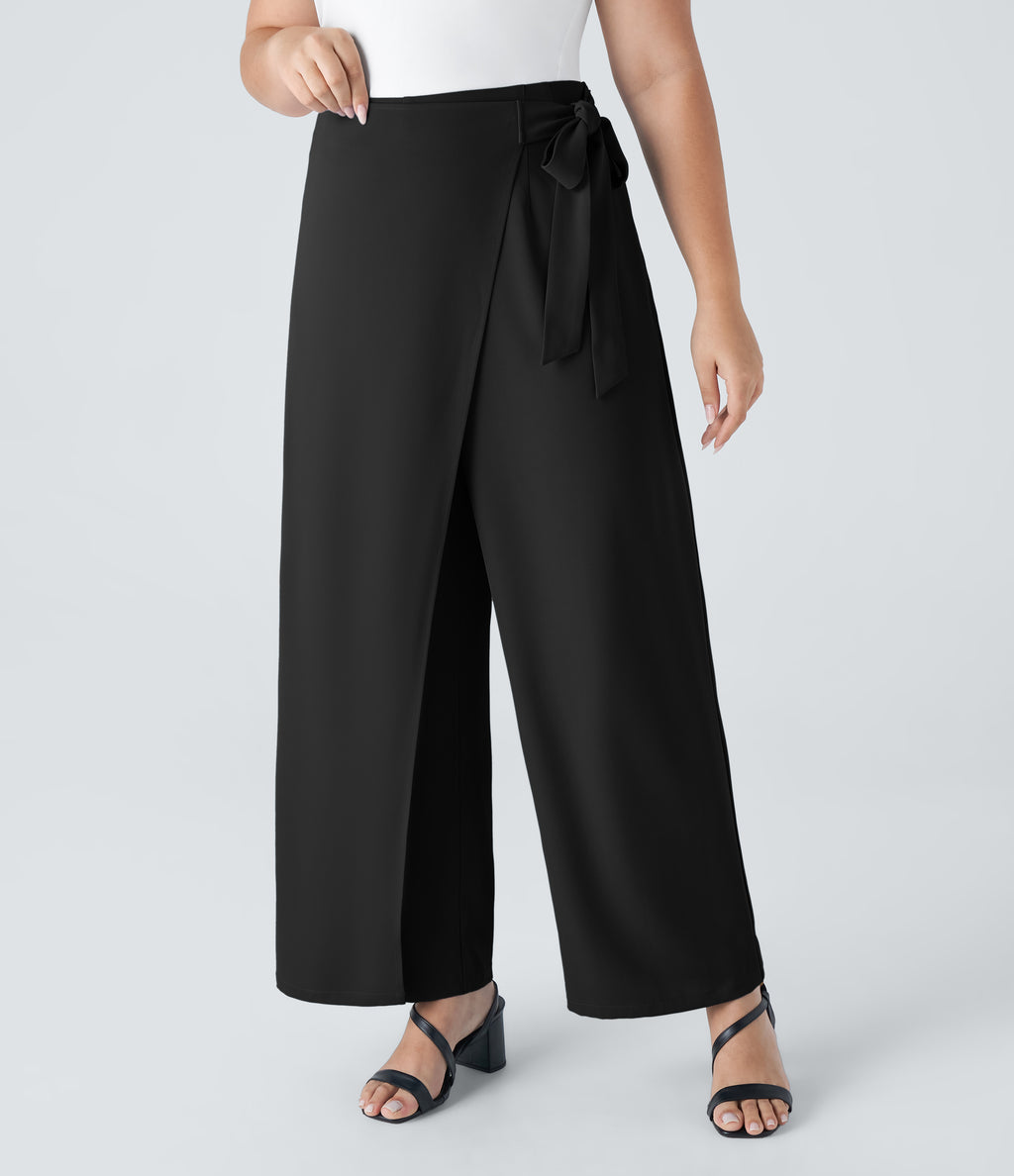 High Waisted Tie Side Invisible Zipper Wide Leg Work Plus Size Trousers — Black — view 1