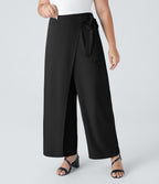 High Waisted Tie Side Invisible Zipper Wide Leg Work Plus Size Trousers — Black — view 1