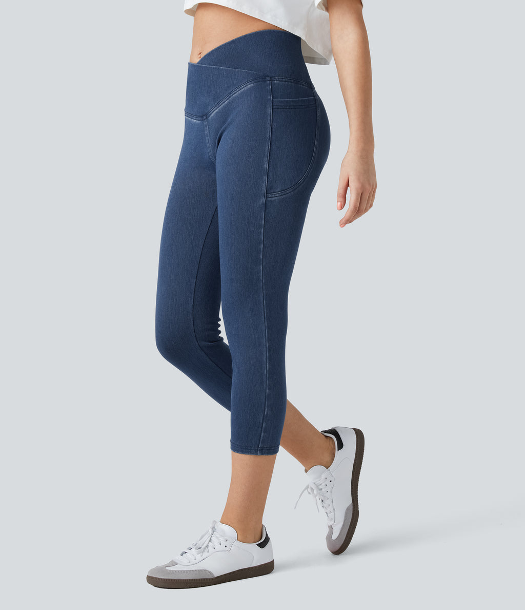 Crossover Pocket Washed Denim Capri Casual Leggings — Washed Denim Bleached Blue — view 3