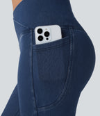 Crossover Pocket Washed Denim Capri Casual Leggings — Washed Denim Bleached Blue — view 4