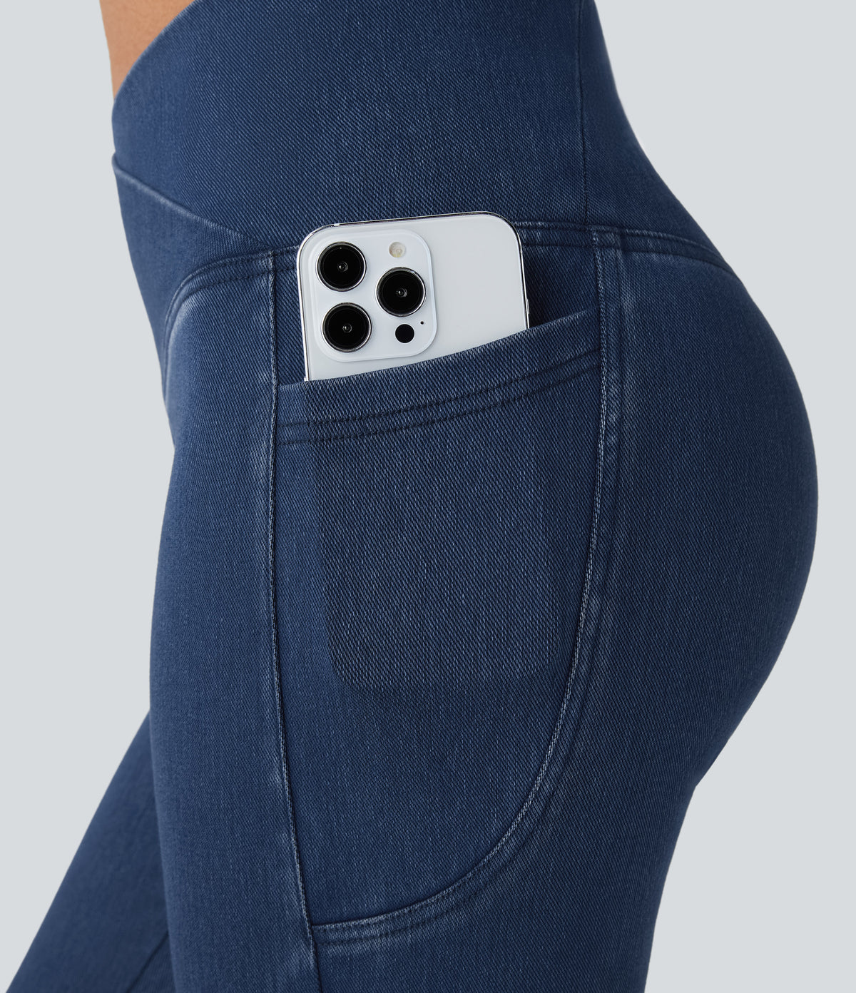 Crossover Pocket Washed Denim Capri Casual Leggings — Washed Denim Bleached Blue — view 4