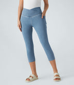 Crossover Pocket Washed Denim Capri Casual Leggings — Washed Denim Sunny Blue — view 6