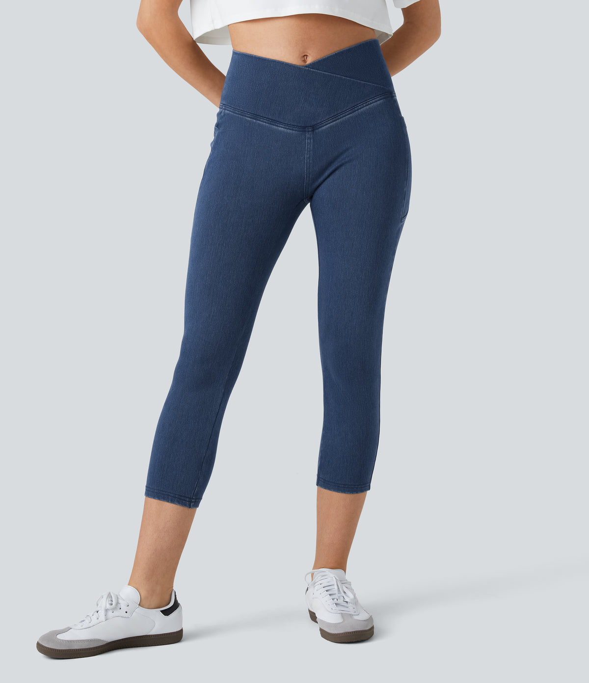 Crossover Pocket Washed Denim Capri Casual Leggings — Washed Denim Bleached Blue — view 1
