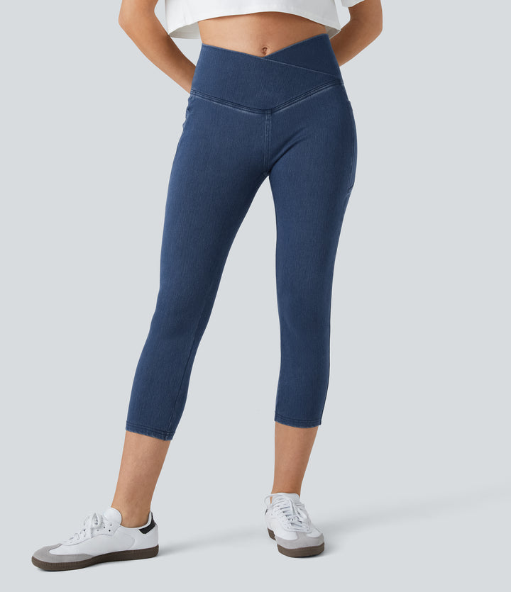 Crossover Pocket Washed Denim Capri Casual Leggings — Washed Denim Bleached Blue — view 1