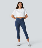 Crossover Pocket Washed Denim Capri Casual Leggings — Washed Denim Bleached Blue — view 5