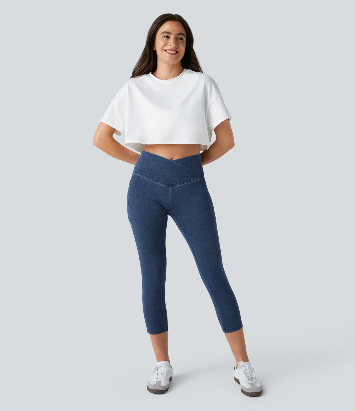 Crossover Pocket Washed Denim Capri Casual Leggings — Washed Denim Bleached Blue — view 5