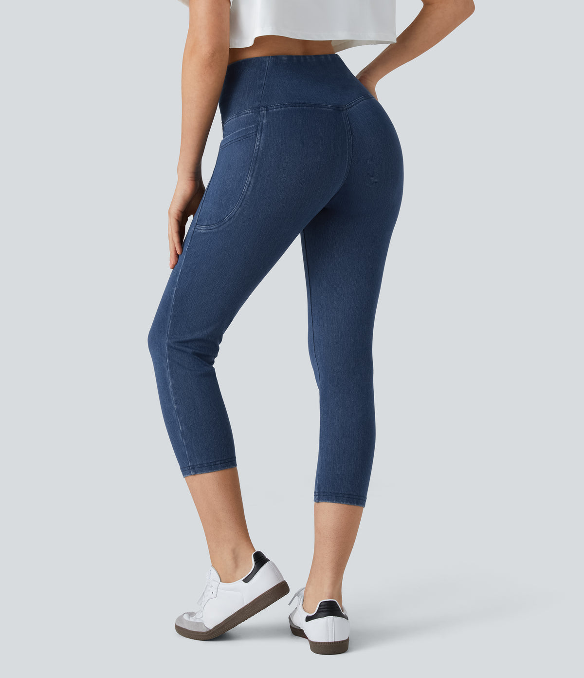 Crossover Pocket Washed Denim Capri Casual Leggings — Washed Denim Bleached Blue — view 2