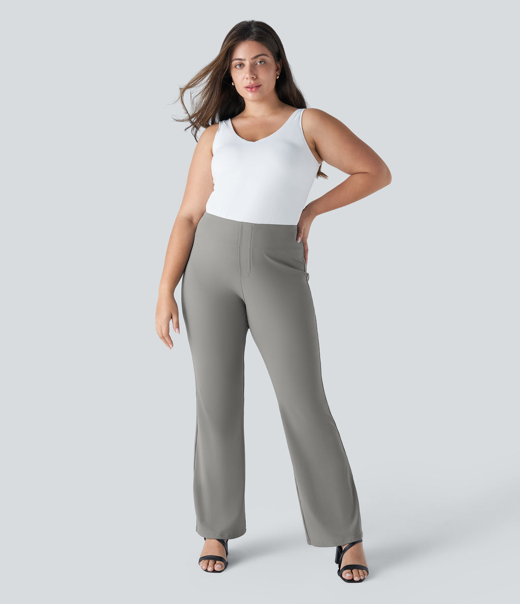 High Waisted Pocket Work Plus Size Trousers — Putty Gray — view 1