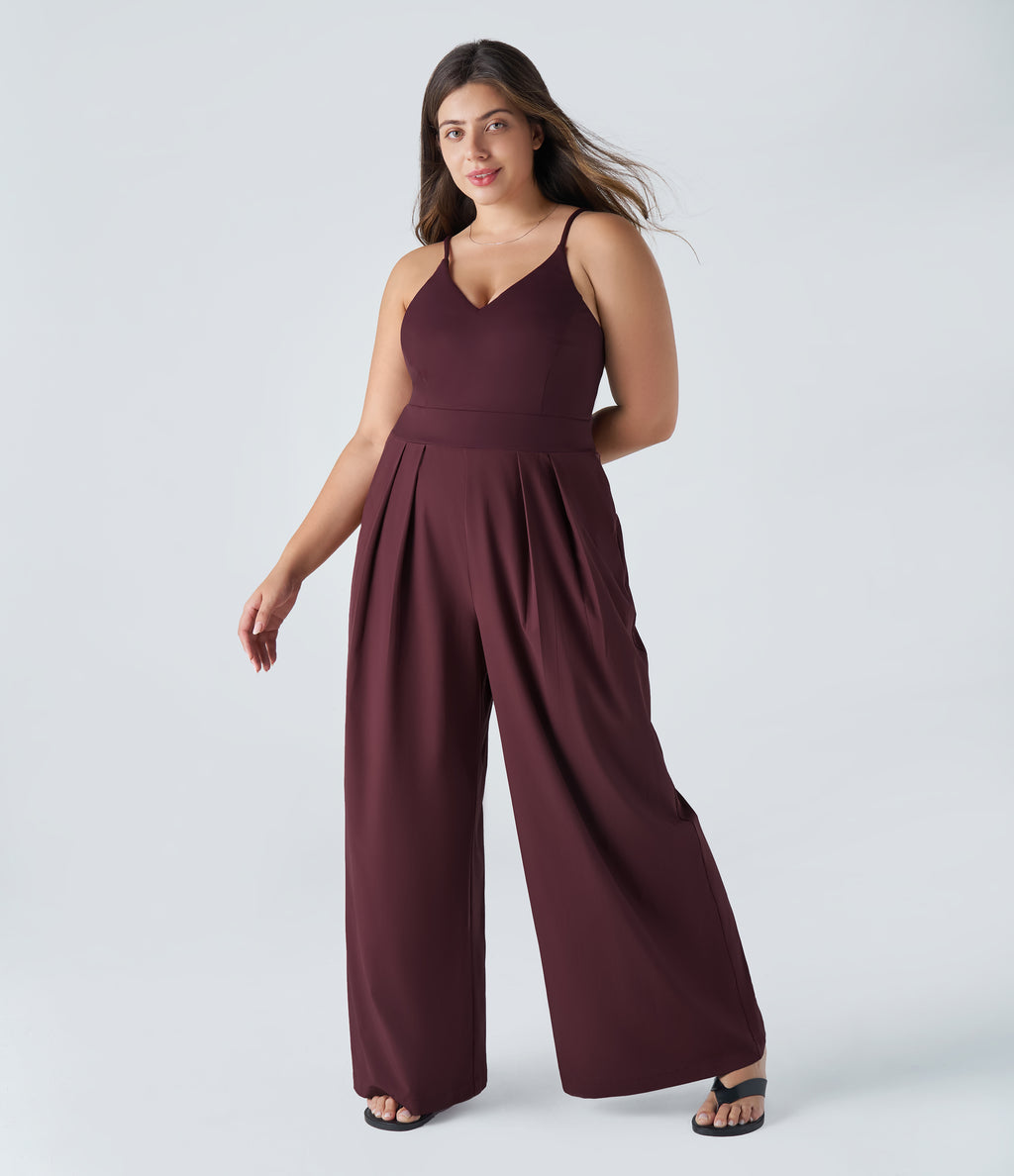 Backless Side Invisible Zipper Pocket Wide Leg Quick Dry Resort Slip Plus Size Jumpsuit — Amaranth — view 1