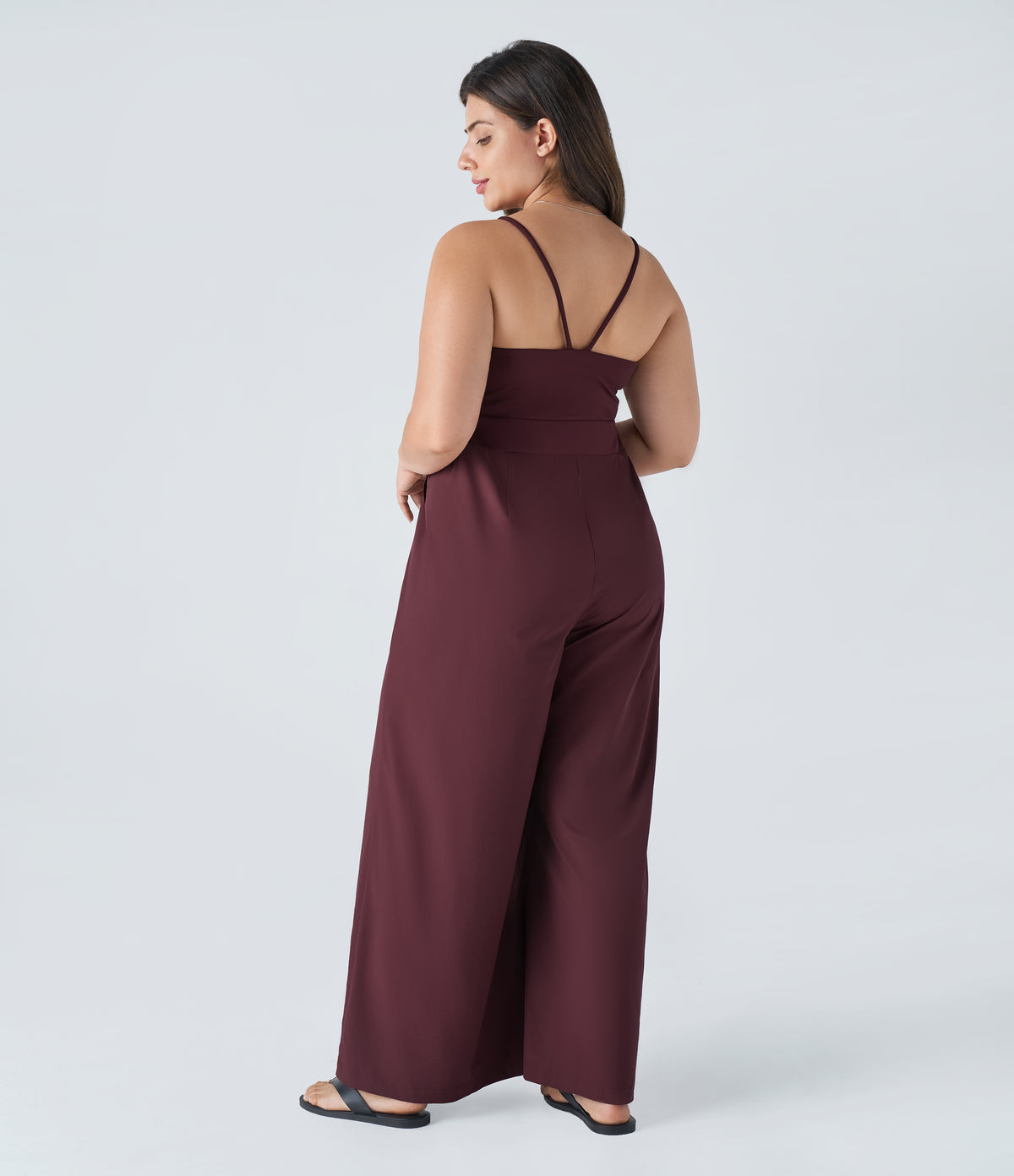 Backless Side Invisible Zipper Pocket Wide Leg Quick Dry Resort Slip Plus Size Jumpsuit — Amaranth — view 2