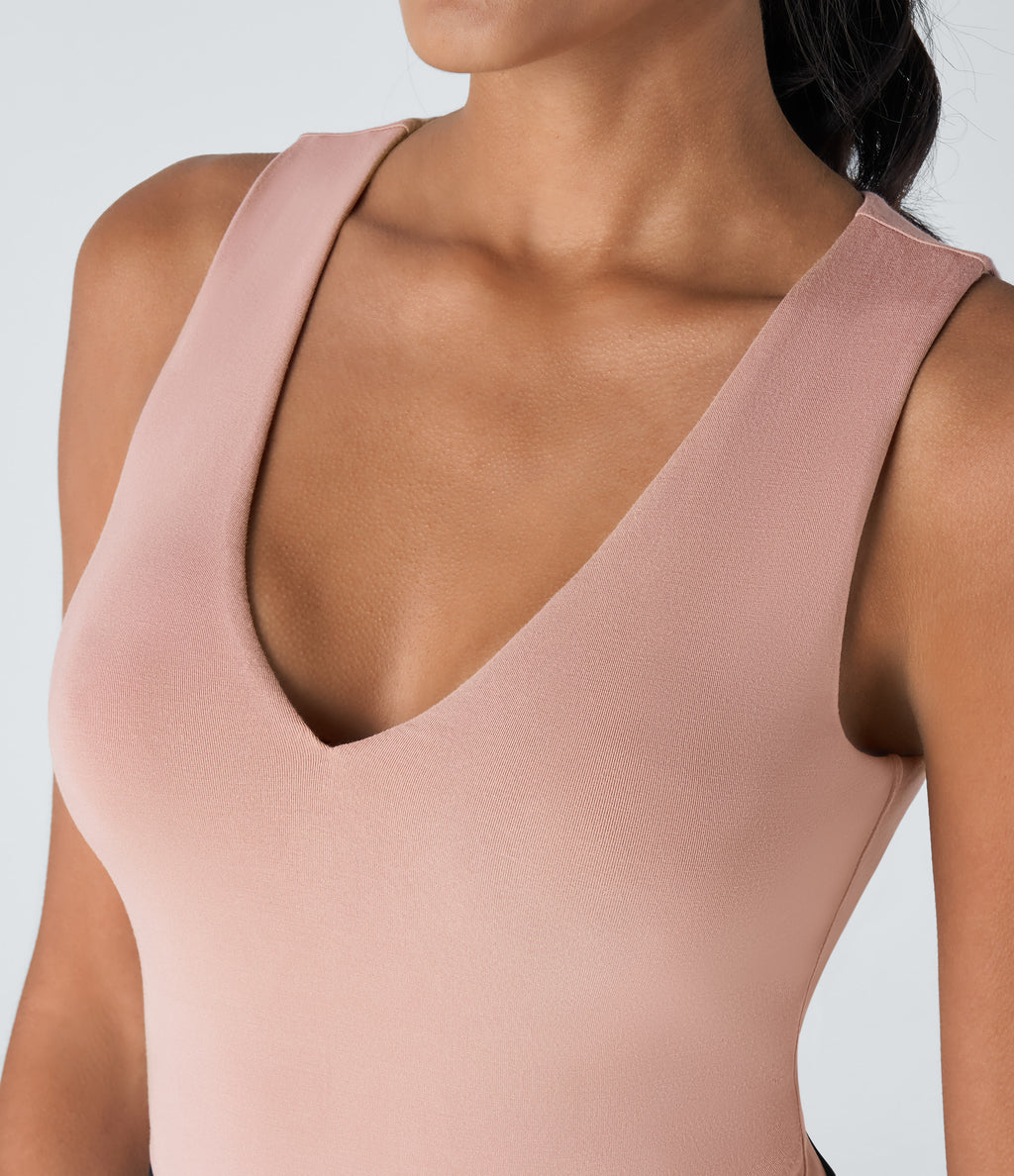 V Neck Sleeveless Button Work Bodysuit — Misty Rose — view 5