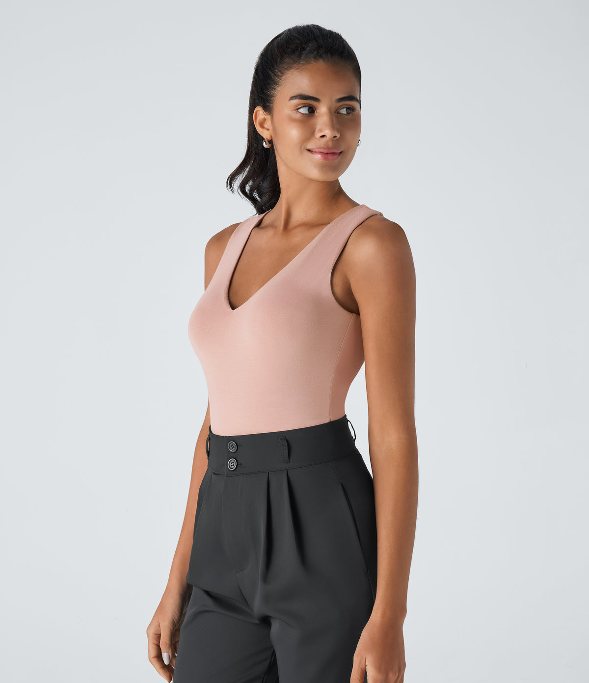 V Neck Sleeveless Button Work Bodysuit — Misty Rose — view 4