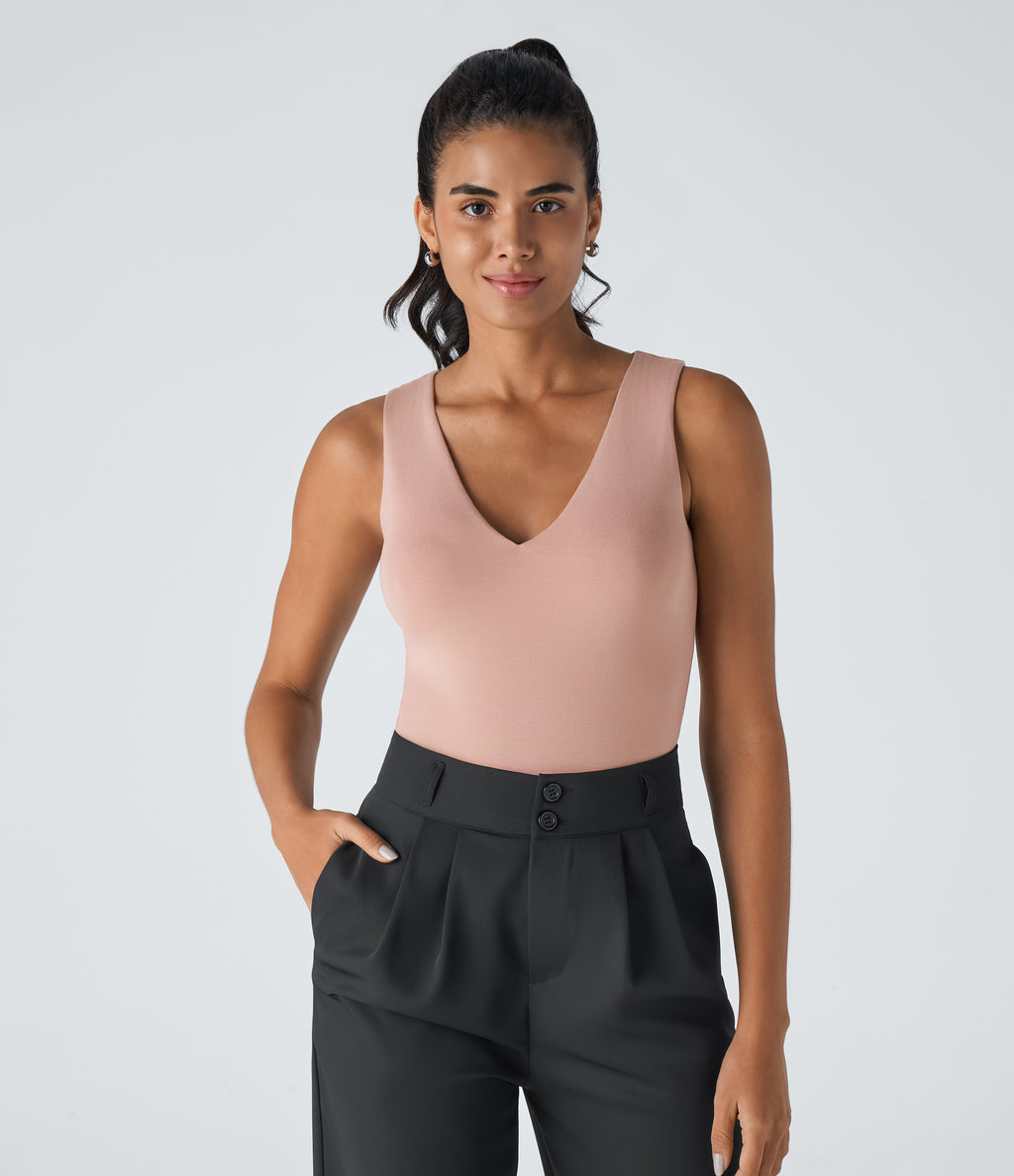 V Neck Sleeveless Button Work Bodysuit — Misty Rose — view 2