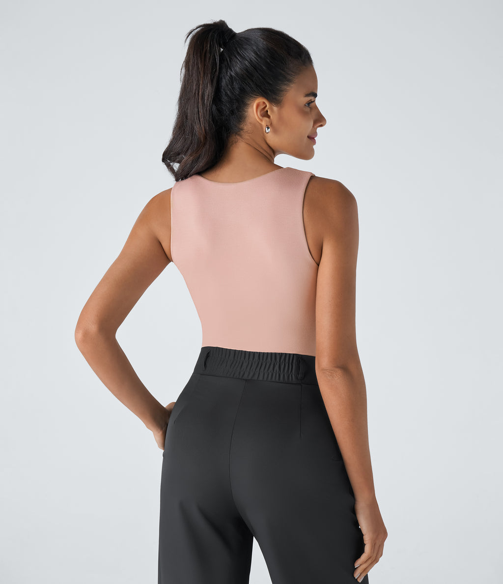V Neck Sleeveless Button Work Bodysuit — Misty Rose — view 3