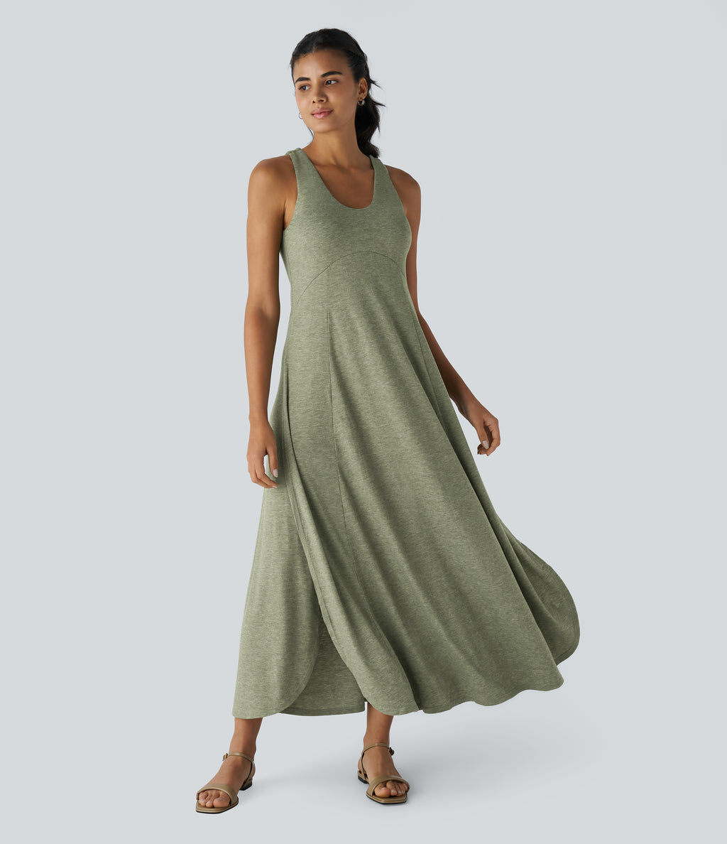 U Neck Flowy Maxi Casual Tank Dress — Light Green Floral Yarn — view 6