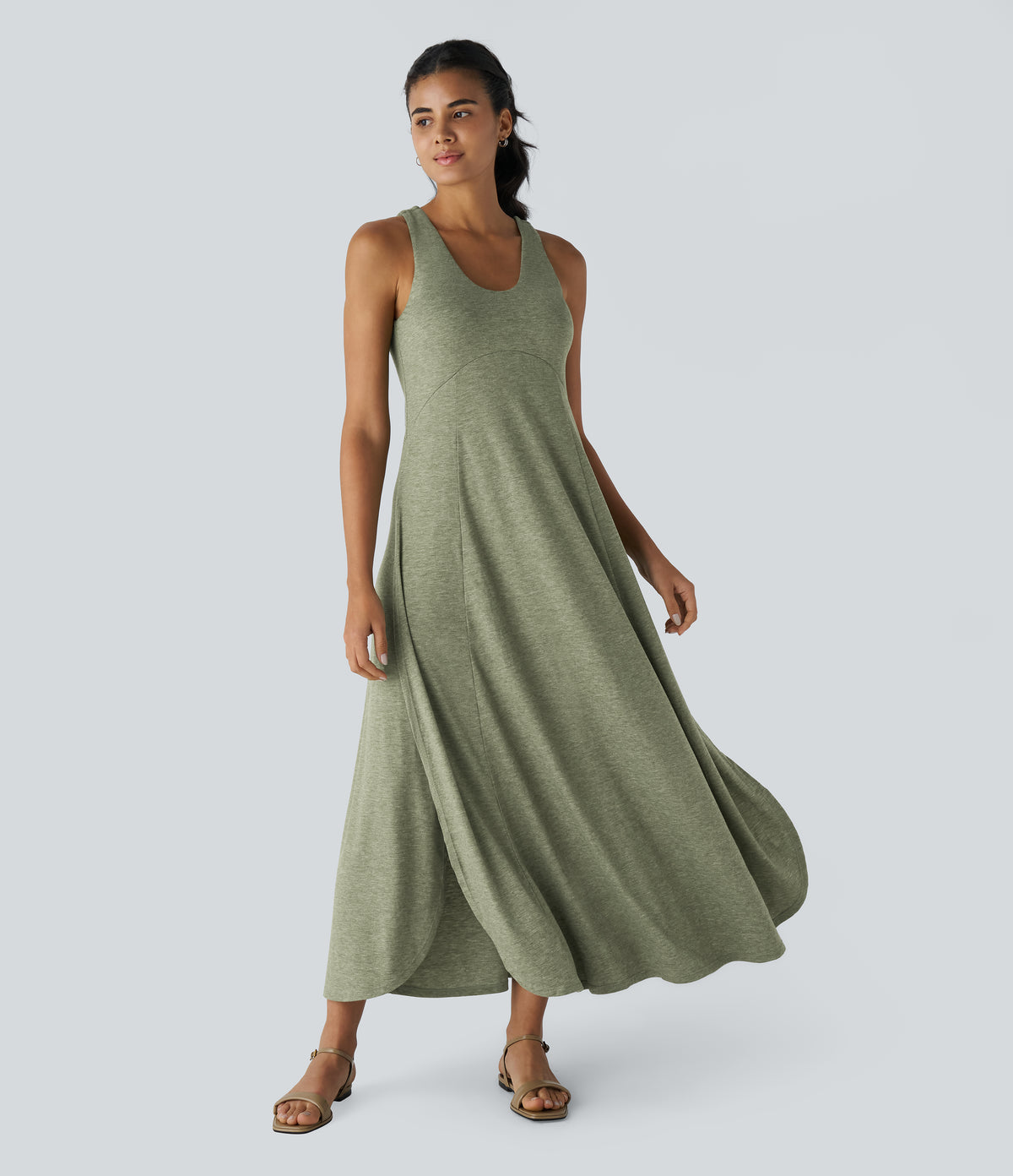 U Neck Flowy Maxi Casual Tank Dress — Light Green Floral Yarn — view 6