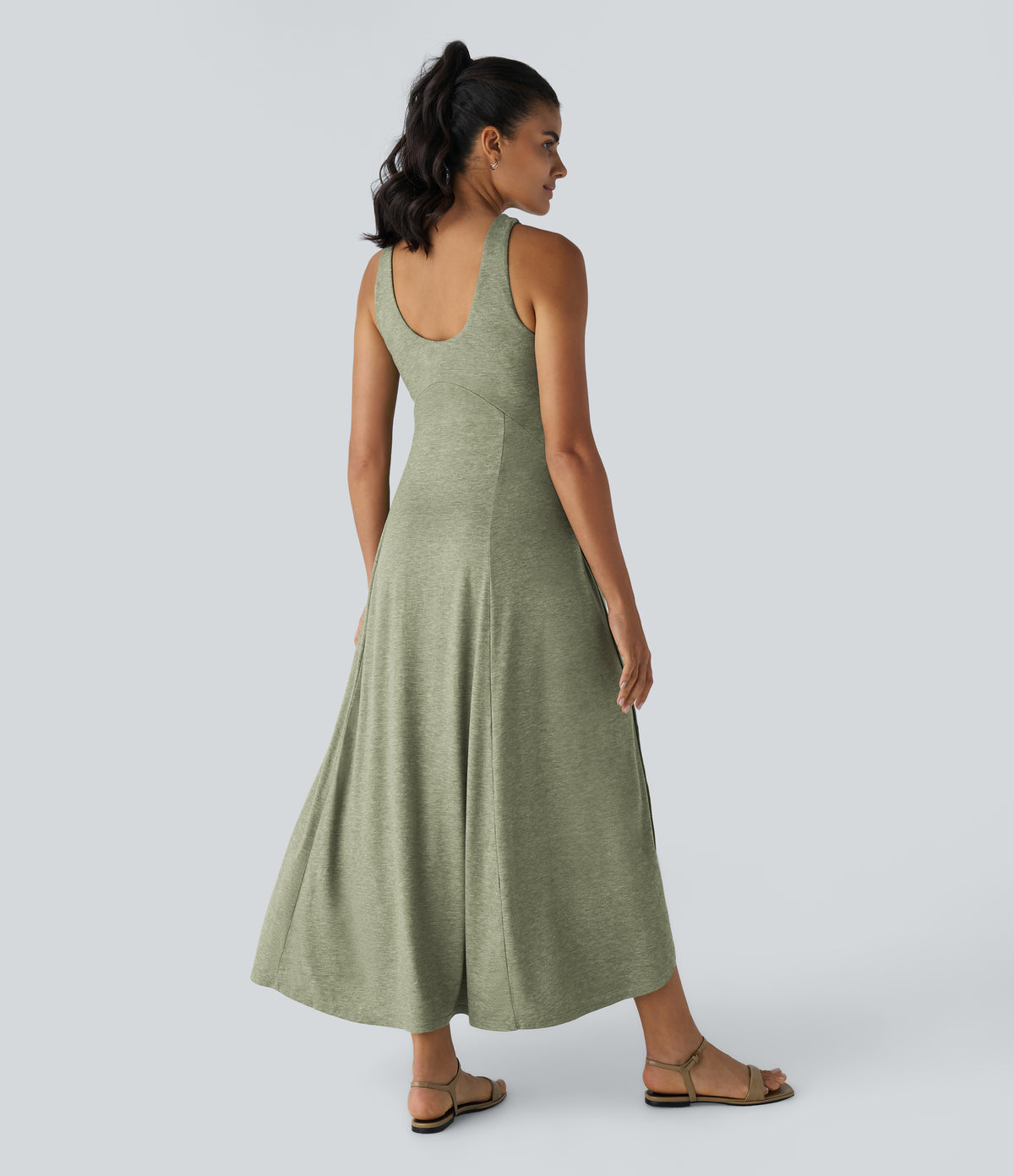 U Neck Flowy Maxi Casual Tank Dress — Light Green Floral Yarn — view 2