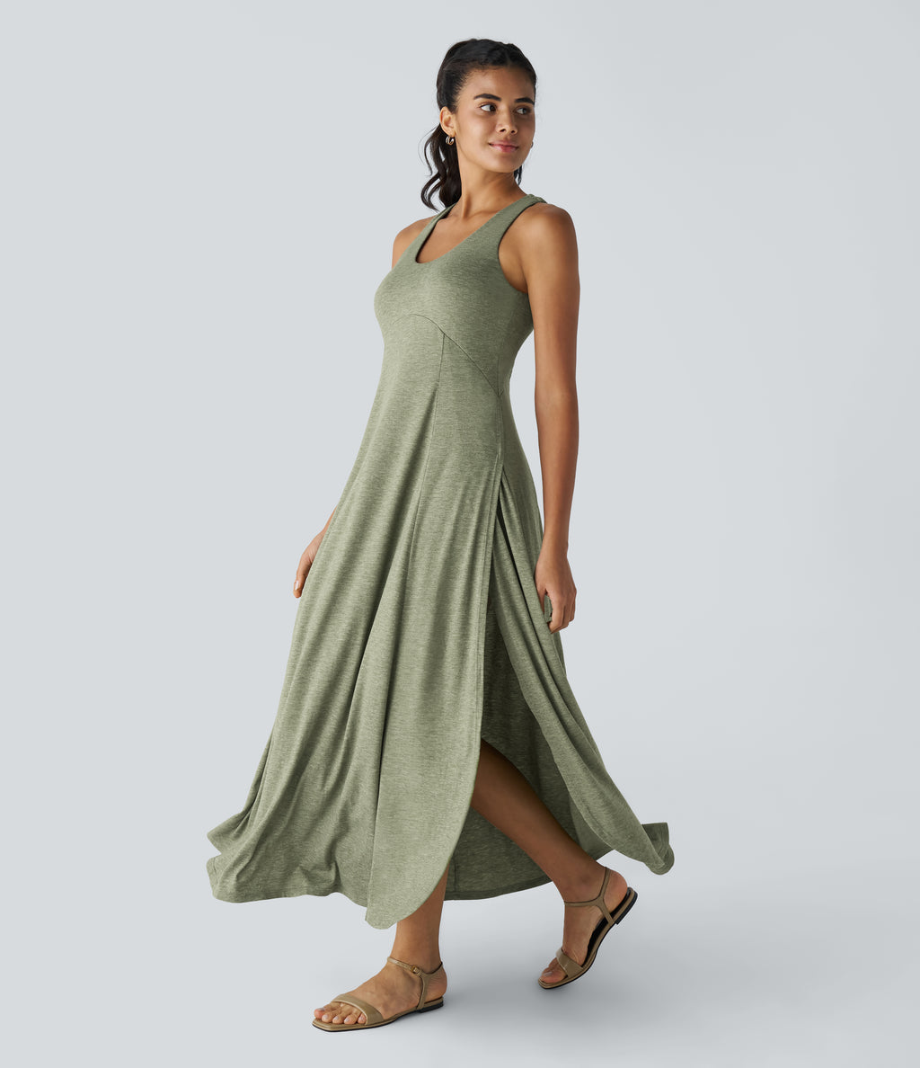 U Neck Flowy Maxi Casual Tank Dress — Light Green Floral Yarn — view 1